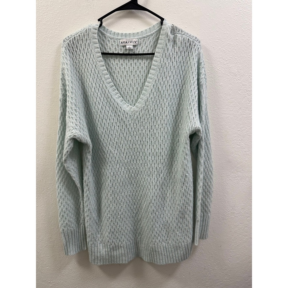 AVA VIV Women's Light Blue Knit V-Neck Pullover Sweater Oversized Casual, Size X